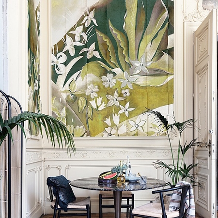 KÜLÖNLEGES,ZÖLD ÁRNYALATOS FESTETT TÁJKÉP PAN